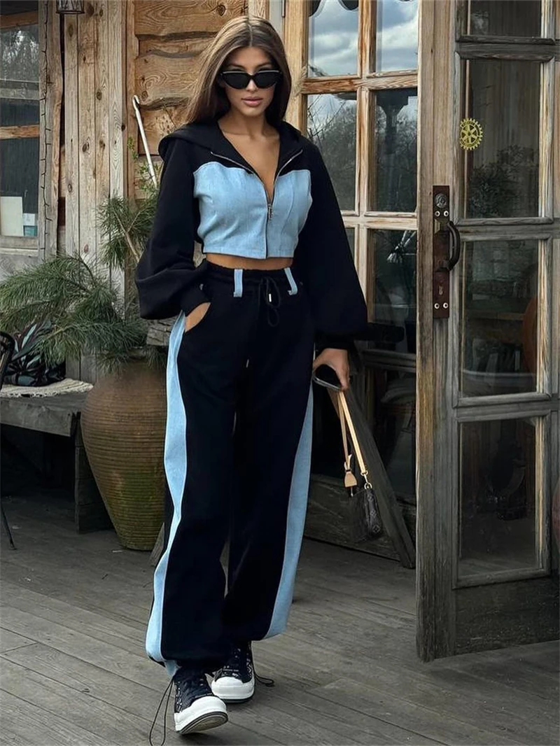 Winter Clothing Sale - 데님 패치워크 후드 상의 및 바지