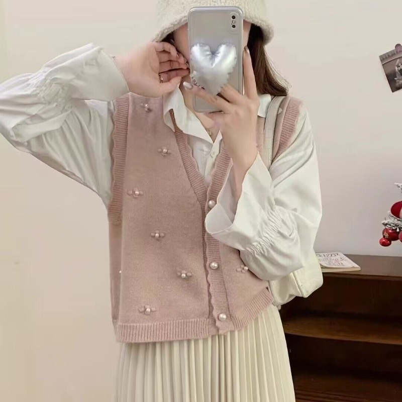Winter Clothing Offer - 여성용 핑크 니트 조끼 캐주얼 Y2K