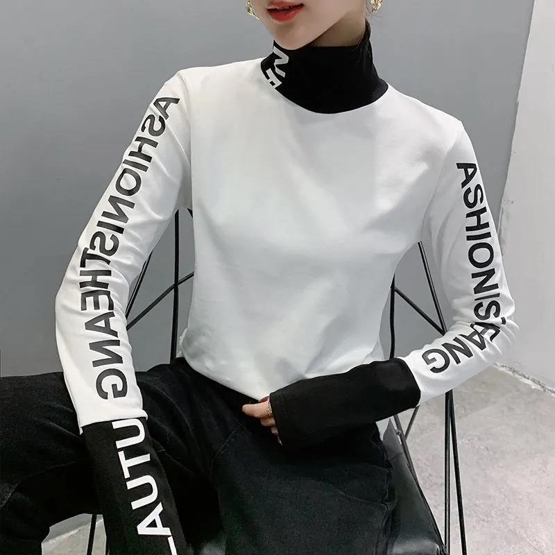 여성용 프린트 옐로우 터틀넥 티셔츠 2025 고품질 캐 - Winter Clothing Offer 리뷰 및 가격
