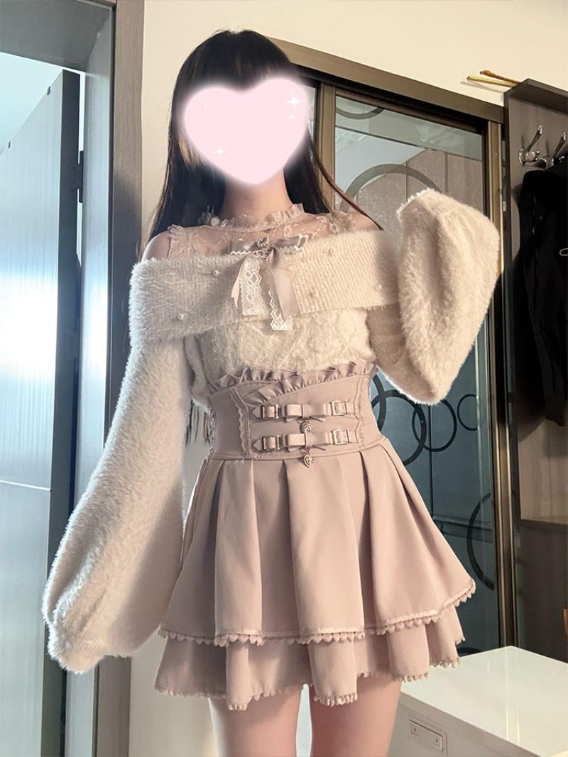 일본식 달콤한 로리타 오프 숄더 스웨터 + 핑크 하이  - Winter Clothing Cute 리뷰 및 가격