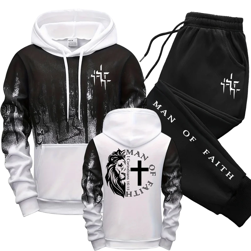 맨 오브 페이스 패턴 남성 세트 후드 스웨트셔츠와 블랙 - Winter Clothing Hoodie 리뷰 및 가격