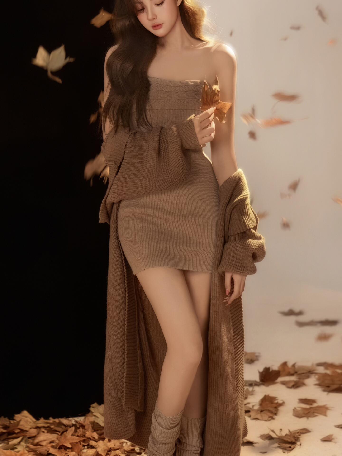 가을 겨울 브라운 니트 스트랩리스 세트 여성용 레이지  - Winter Clothing Photo 리뷰 및 가격